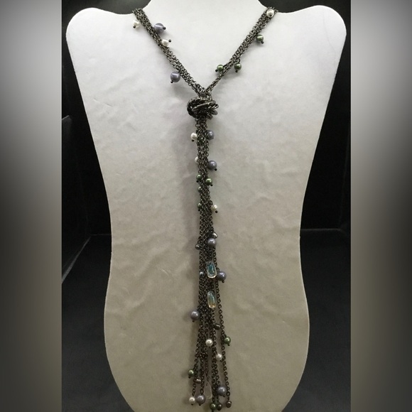 Lia Sophia Jewelry - LIA SOFIA GUNMETAL MULTI CINCHED CHAINS COLORFUL FAUX PEARL LONG LARIAT NECKLACE